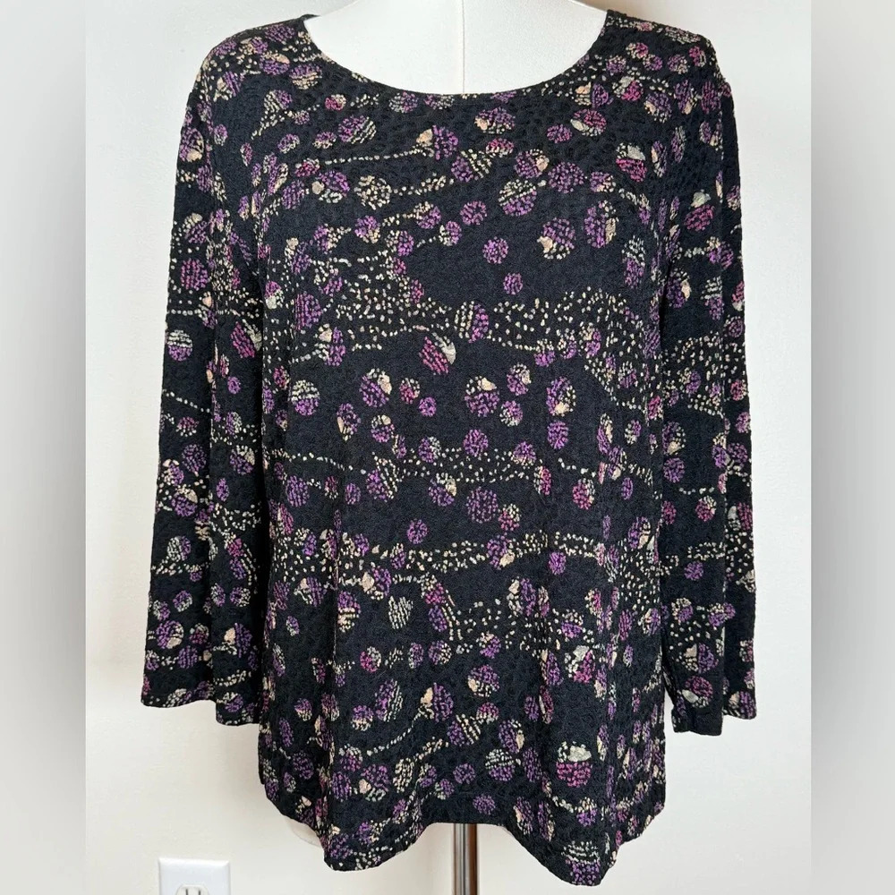Laura Ashley Top Black Purple Stretchy 3/4 Sleeve Textured Women’s Size Medium